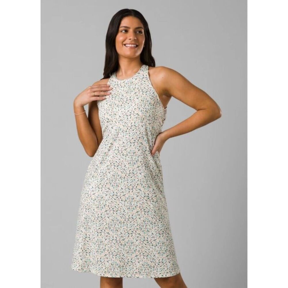 prAna Jewel Lake Dress Women’s L Birch Spots Built-In Bra Pockets Active Midi #7